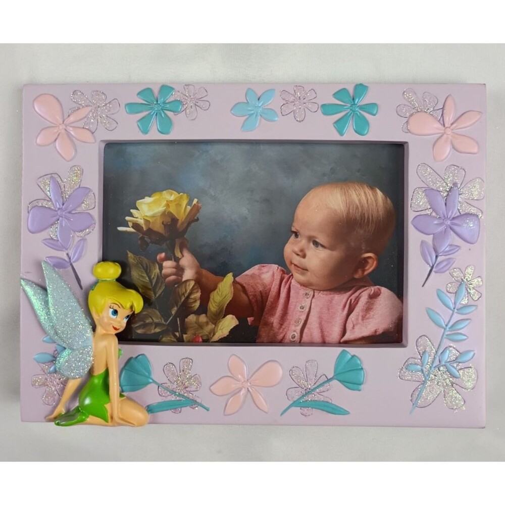 VTG Disney Store Tinker Bell 4x6 Picture Frame Lavender Flowers Glitter Resin